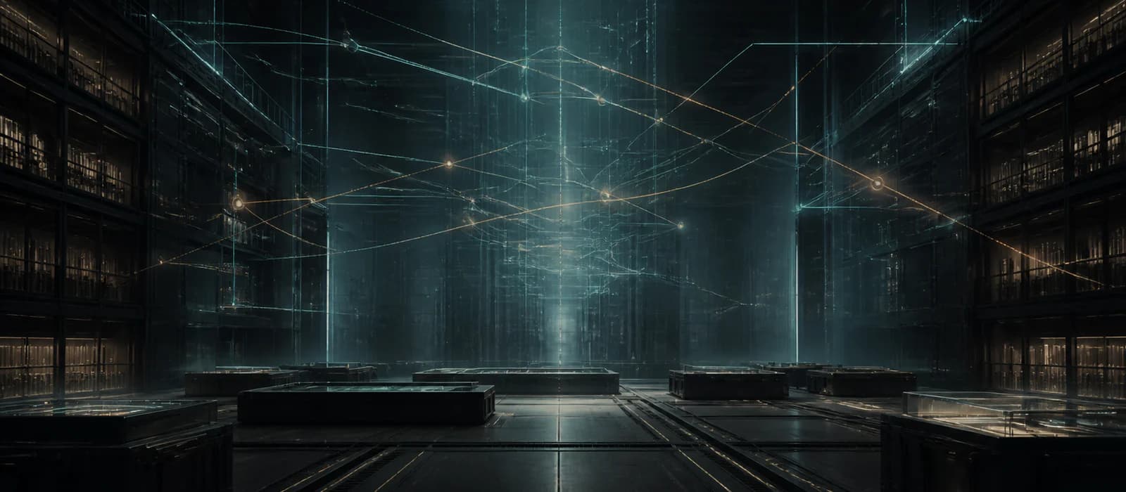 An original panoramic science-fiction archive chamber with holographic route lines