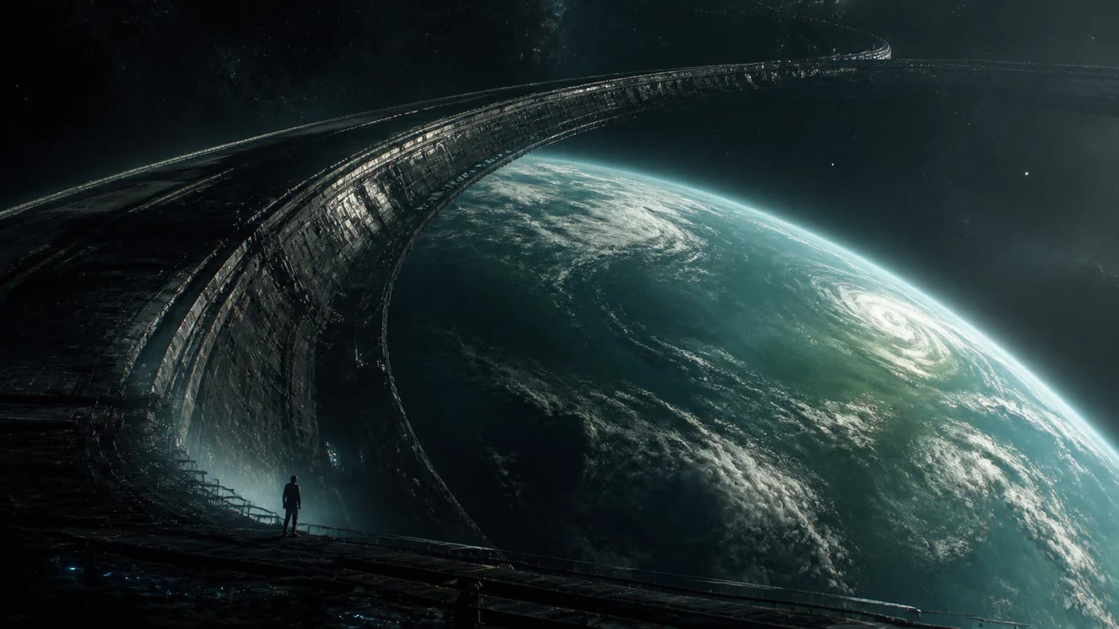 An original science-fiction ring megastructure above a blue-green planet